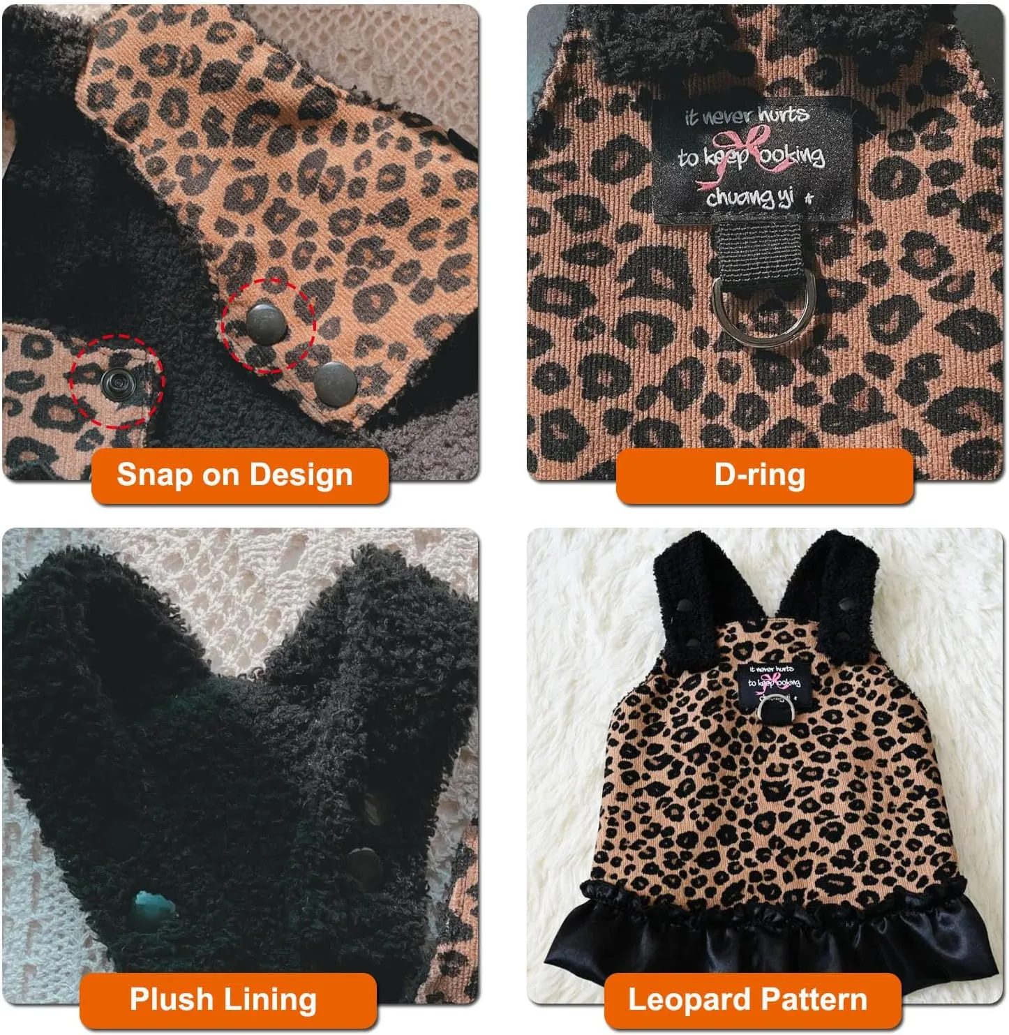 HDKUW Small Dog Dresses with D-Ring & Plush Lining, Leopard Print Cozy Fleece-Lined Puppy Outfits for Small Dogs, Cold Weather Fashion Pet Clothes for Daily Walks/Holiday Parties S