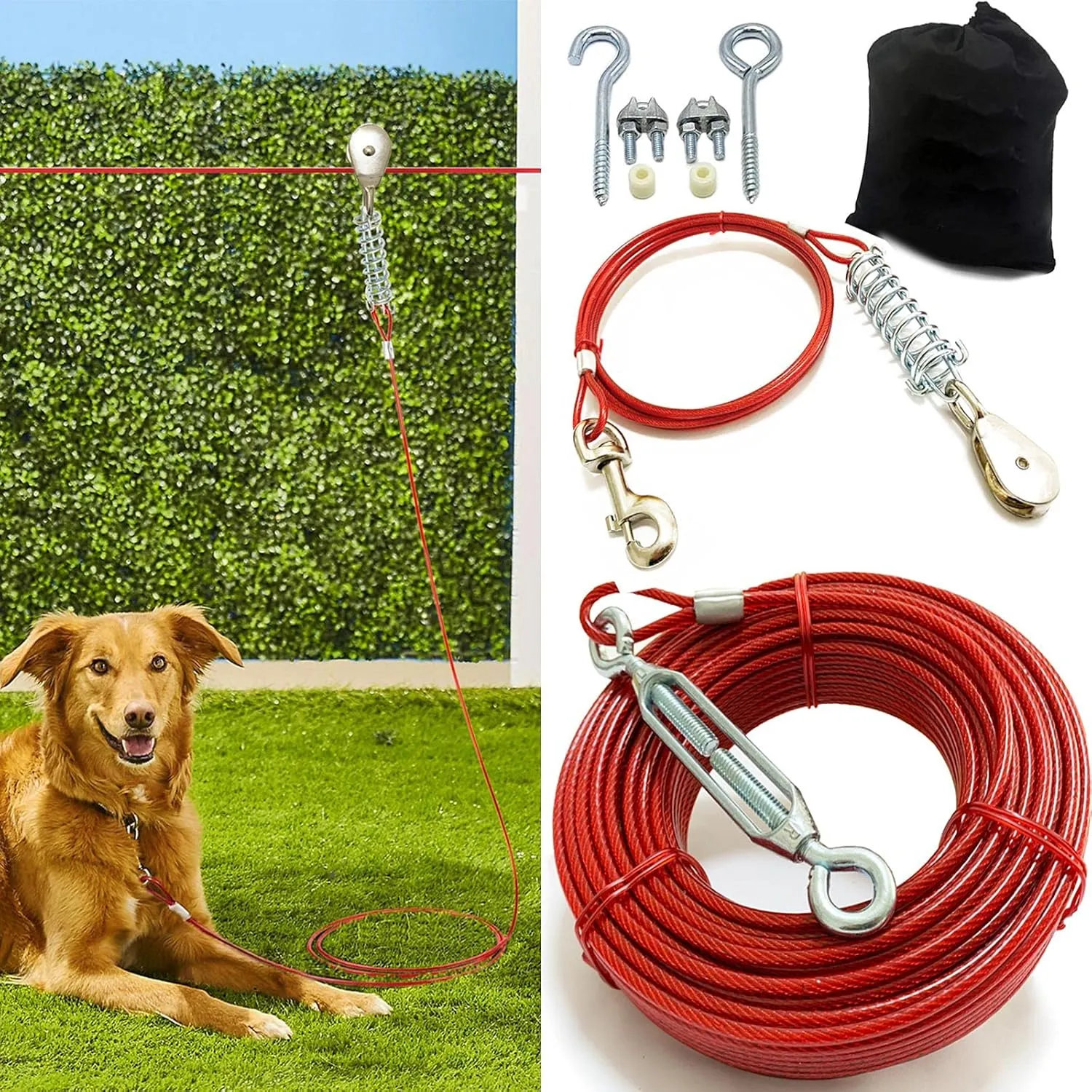 Heavy Duty Aerial Dog Tie Out Trolley System for Small to Large Dogs - 100ft Run Cable Zipline with 10ft Runner Cable Great for Yard Camping Outdoor (Red, 100 ft for one Dog up to 200 lbs)