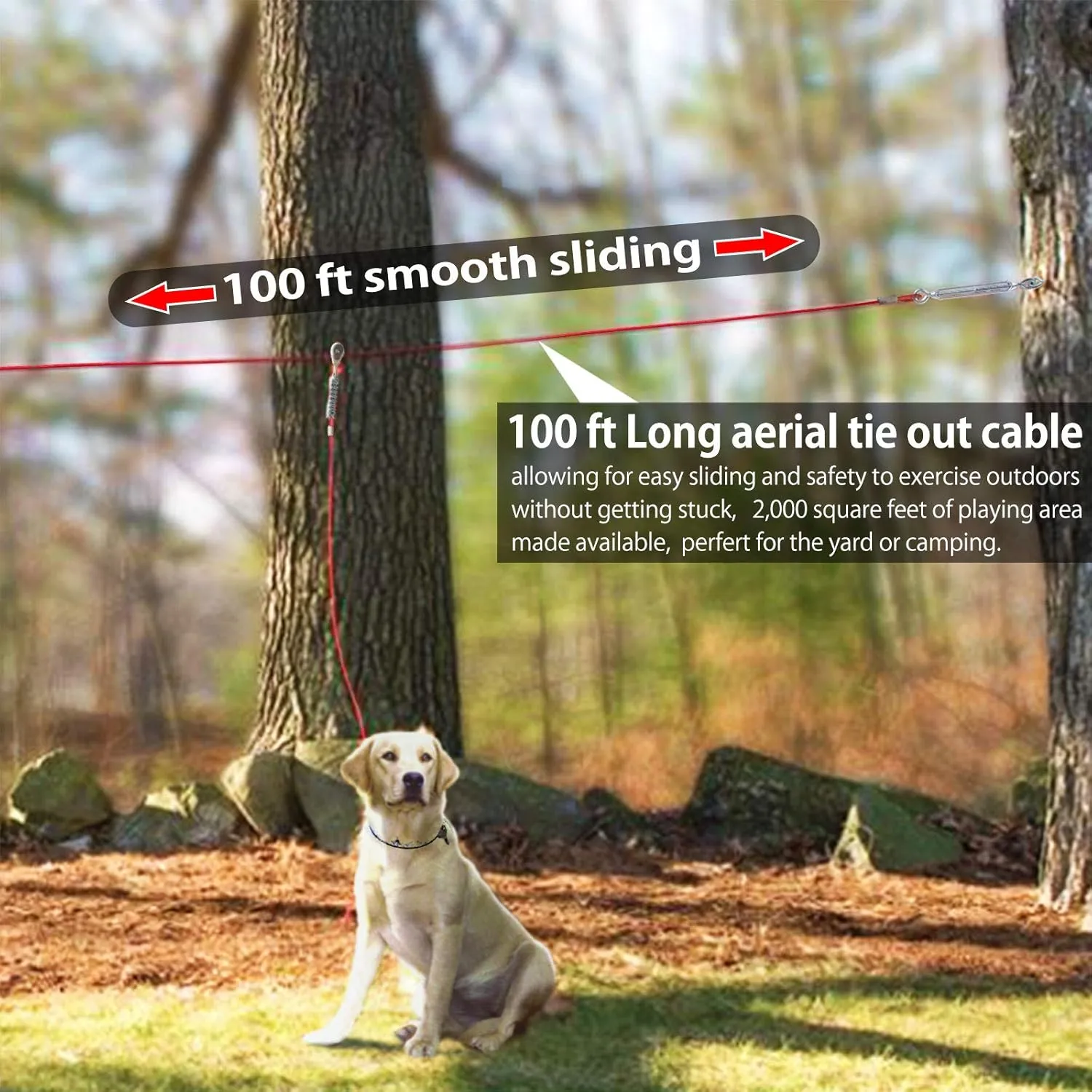 Heavy Duty Aerial Dog Tie Out Trolley System for Small to Large Dogs - 100ft Run Cable Zipline with 10ft Runner Cable Great for Yard Camping Outdoor (Red, 100 ft for one Dog up to 200 lbs)