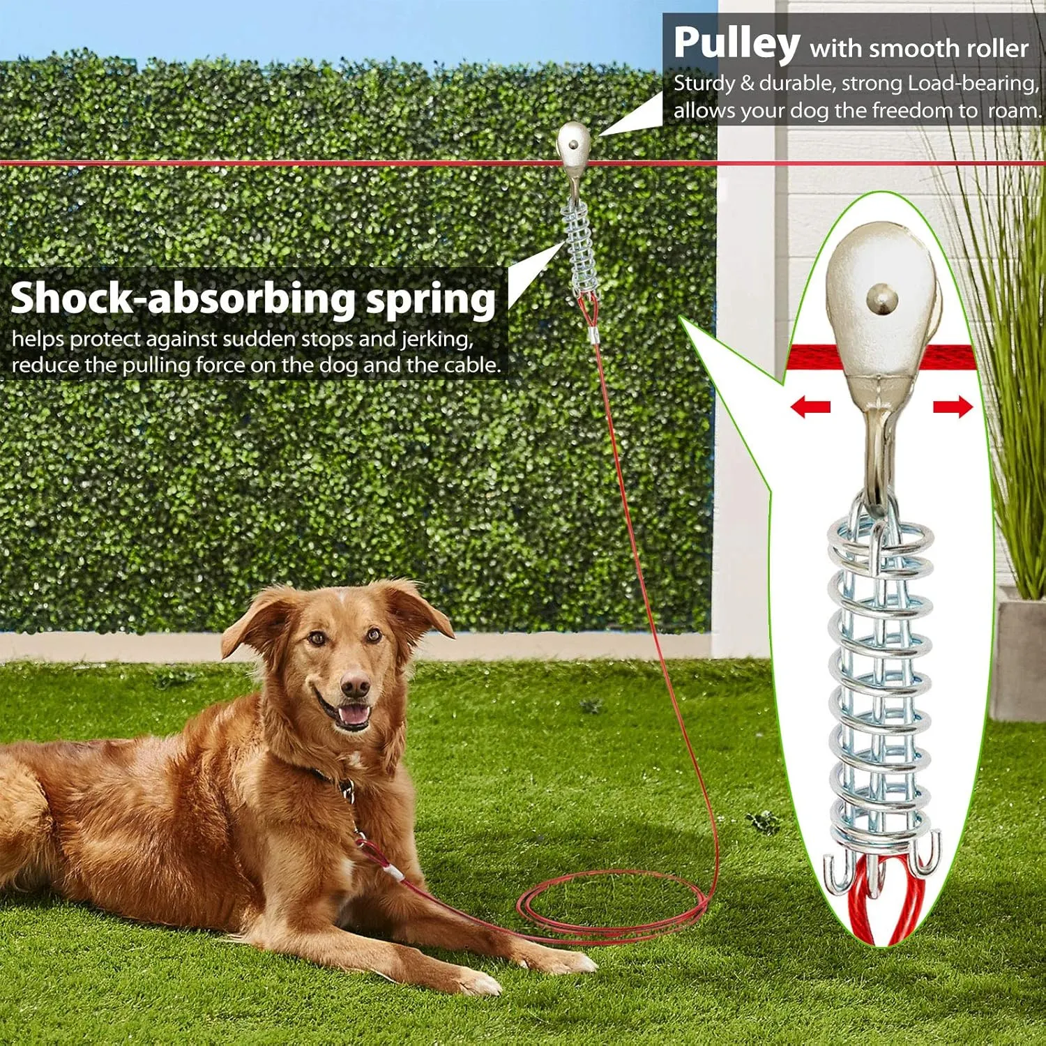 Heavy Duty Aerial Dog Tie Out Trolley System for Small to Large Dogs - 100ft Run Cable Zipline with 10ft Runner Cable Great for Yard Camping Outdoor (Red, 100 ft for one Dog up to 200 lbs)