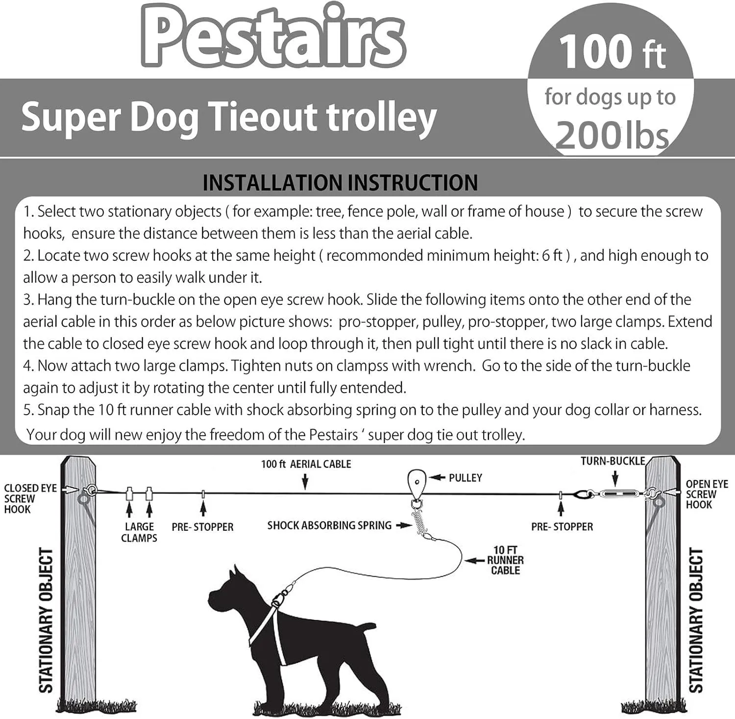 Heavy Duty Aerial Dog Tie Out Trolley System for Small to Large Dogs - 100ft Run Cable Zipline with 10ft Runner Cable Great for Yard Camping Outdoor (Red, 100 ft for one Dog up to 200 lbs)