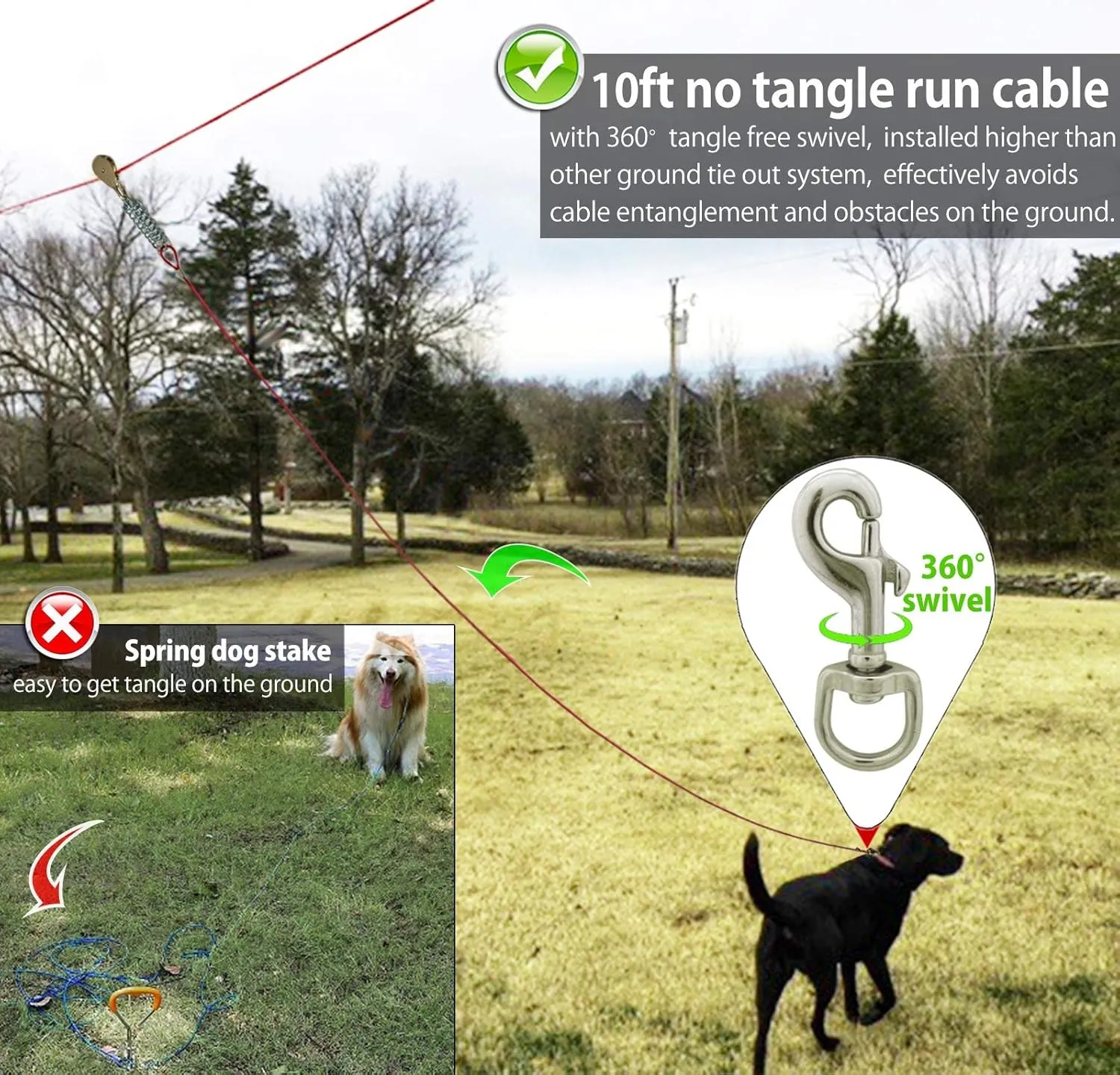 Heavy Duty Aerial Dog Tie Out Trolley System for Small to Large Dogs - 100ft Run Cable Zipline with 10ft Runner Cable Great for Yard Camping Outdoor (Red, 100 ft for one Dog up to 200 lbs)