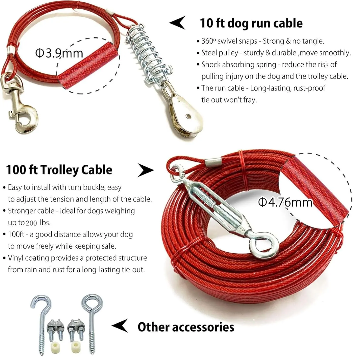 Heavy Duty Aerial Dog Tie Out Trolley System for Small to Large Dogs - 100ft Run Cable Zipline with 10ft Runner Cable Great for Yard Camping Outdoor (Red, 100 ft for one Dog up to 200 lbs)
