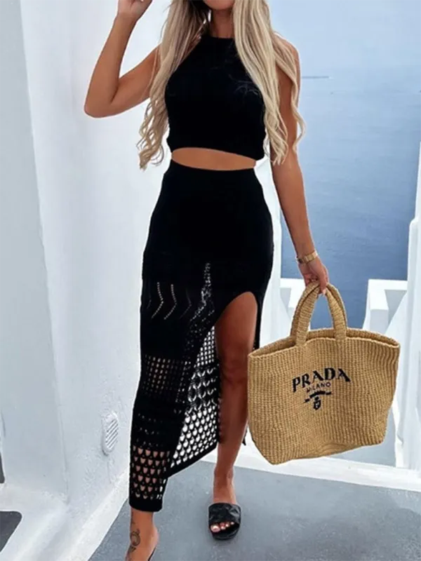 Hollow bikini cover-up cropped top   split hip-covering skirt two-piece set