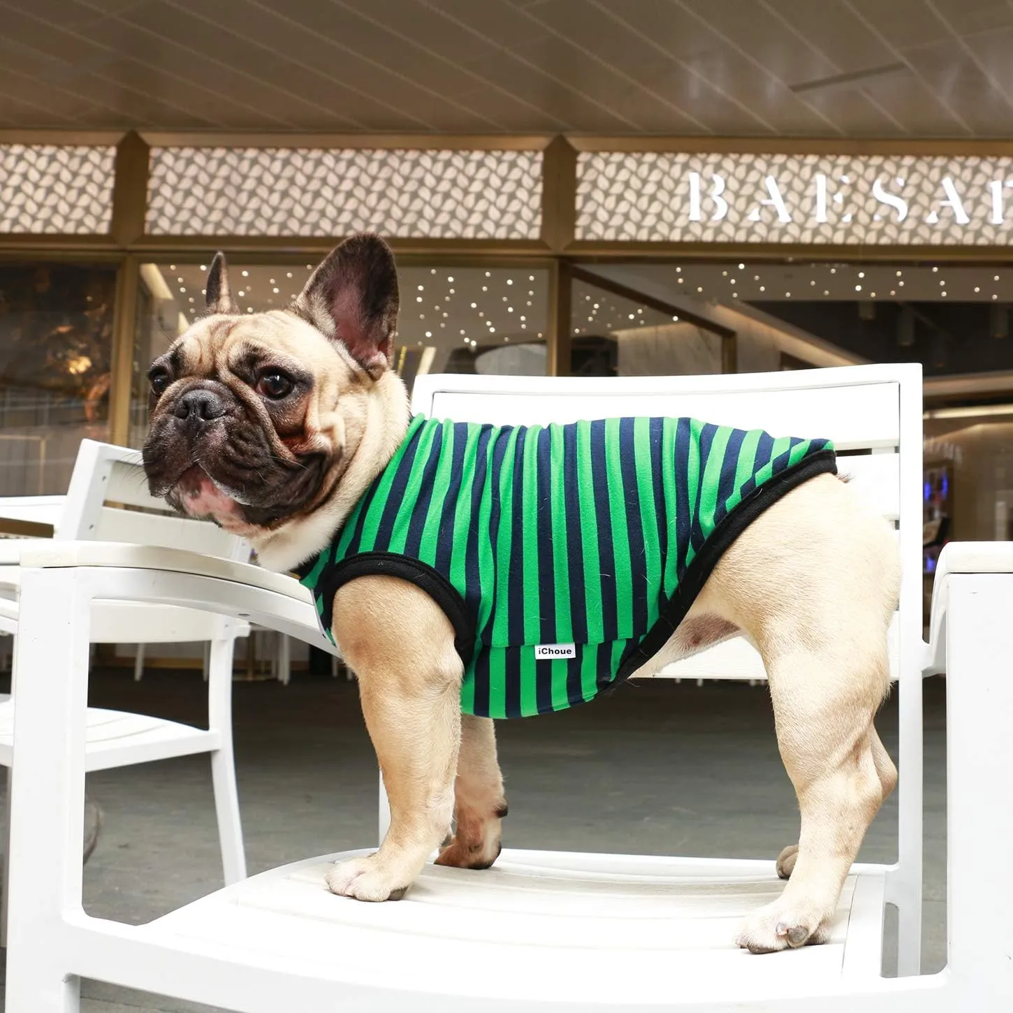 iChoue French Bulldog 100% Breathable Cotton Striped T Shirts Halloween Vest Clothes for Medium Dogs Tank Tops Frenchie Pug English Boston Terrier Pitbull Green Black Stripes - Large