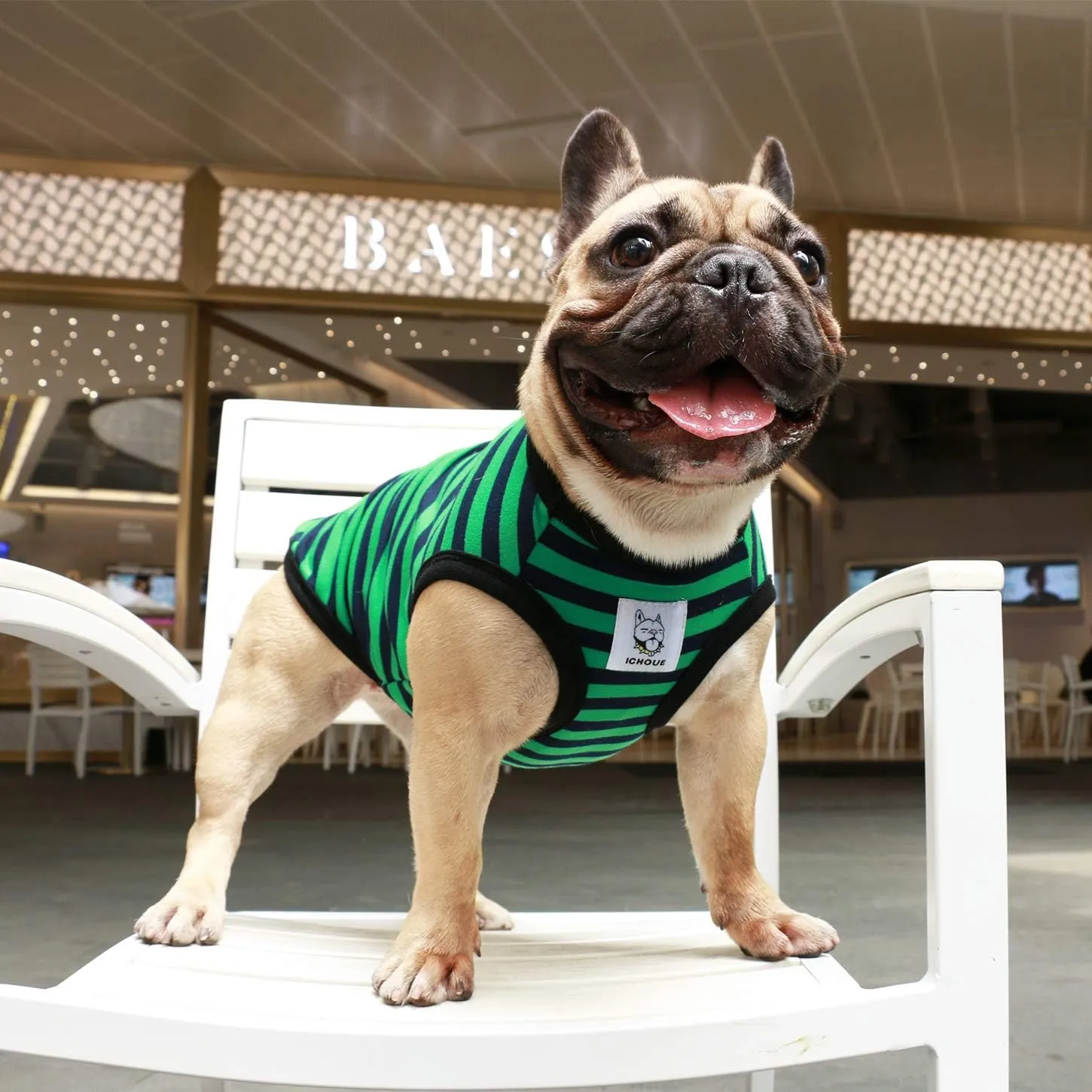 iChoue French Bulldog 100% Breathable Cotton Striped T Shirts Halloween Vest Clothes for Medium Dogs Tank Tops Frenchie Pug English Boston Terrier Pitbull Green Black Stripes - Large