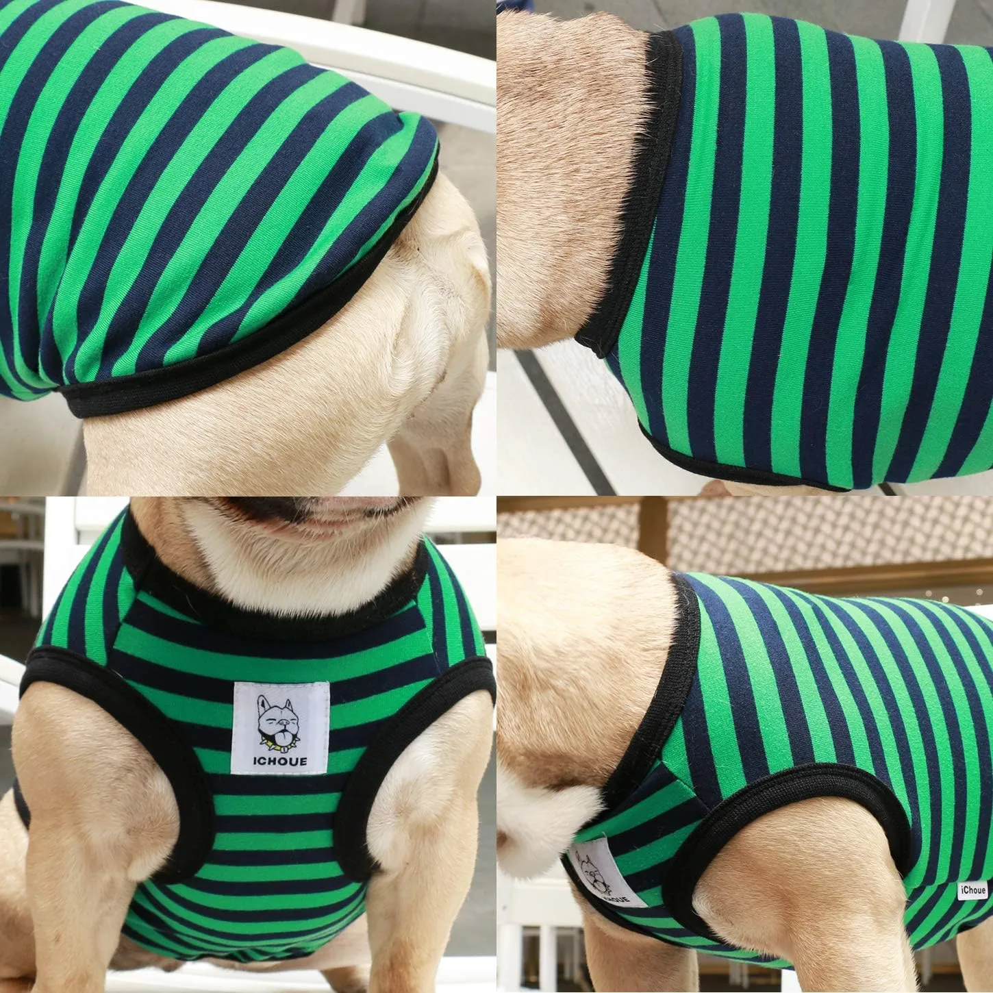 iChoue French Bulldog 100% Breathable Cotton Striped T Shirts Halloween Vest Clothes for Medium Dogs Tank Tops Frenchie Pug English Boston Terrier Pitbull Green Black Stripes - Large