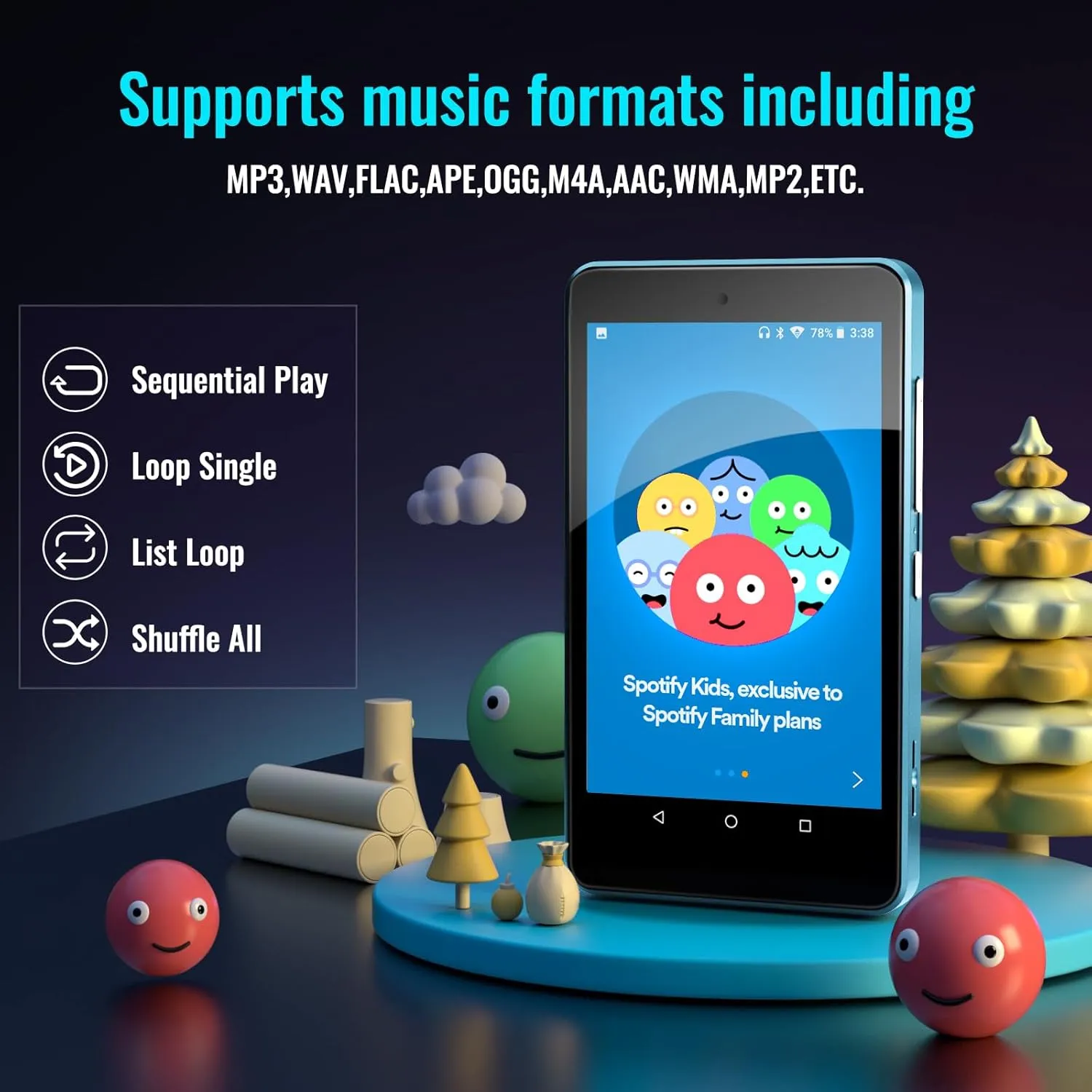 Kids MP3 Player with Parental Controls, Spotify Kids, Spotify, Audible, Amazon Music, 4.0" IPS MP4 Music Player Up to 256GB (Blue)