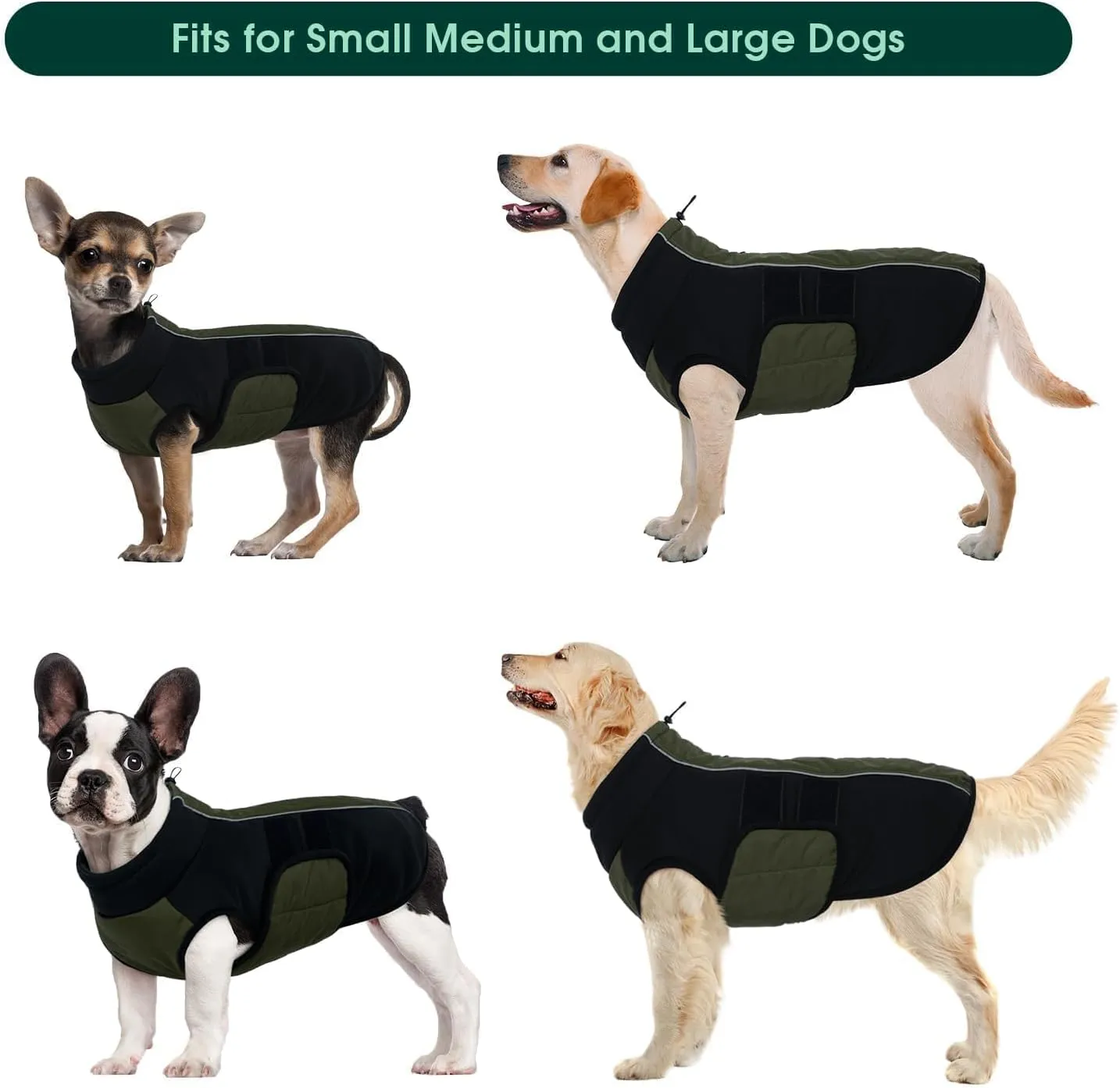 Kuoser Dog Coats for Small Dogs, Warm Dog Coat with Harness Built in, Dog Winter Jacket Pet Clothes for Cold Weather, Reflective Waterproof Doggie Winter Vest for Pug Dachshund, Green S