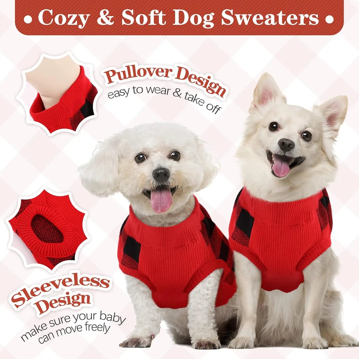 Kuoser Dog Sweater Pullover, Christmas Turtleneck Knitwear, Classic Plaid Cable Knitted Cold Weather Clothes for Small Medium Puppies