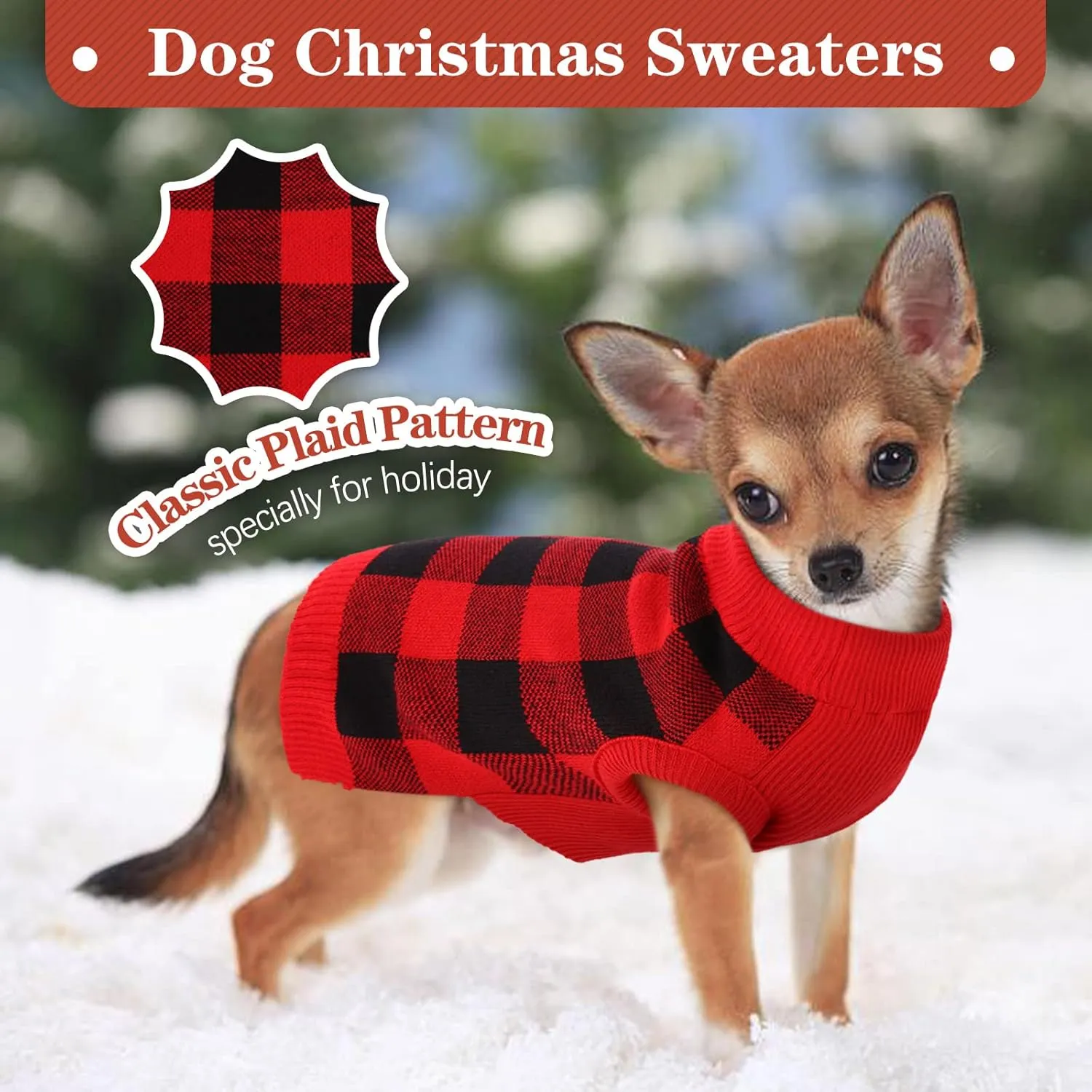 Kuoser Dog Sweater Pullover, Christmas Turtleneck Knitwear, Classic Plaid Cable Knitted Cold Weather Clothes for Small Medium Puppies