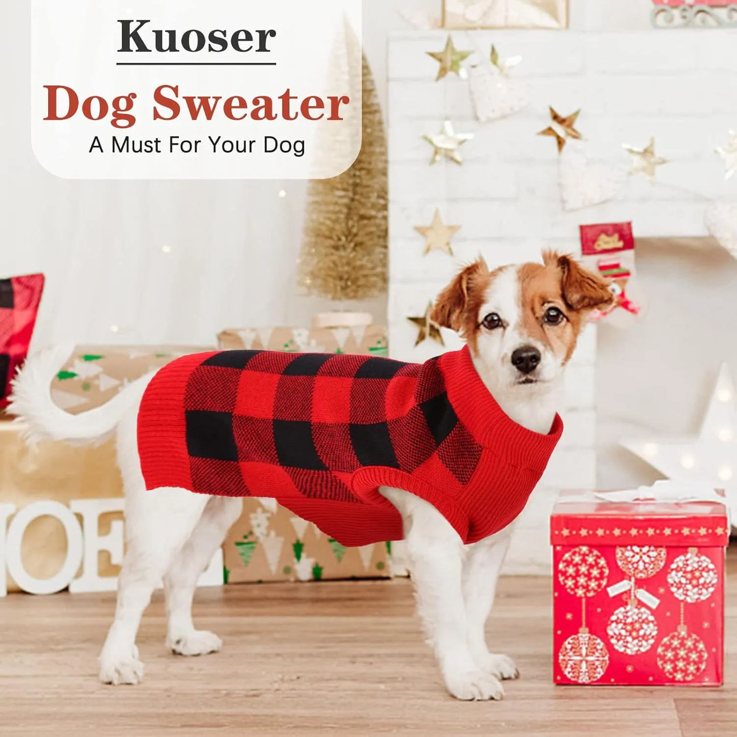 Kuoser Dog Sweater Pullover, Christmas Turtleneck Knitwear, Classic Plaid Cable Knitted Cold Weather Clothes for Small Medium Puppies