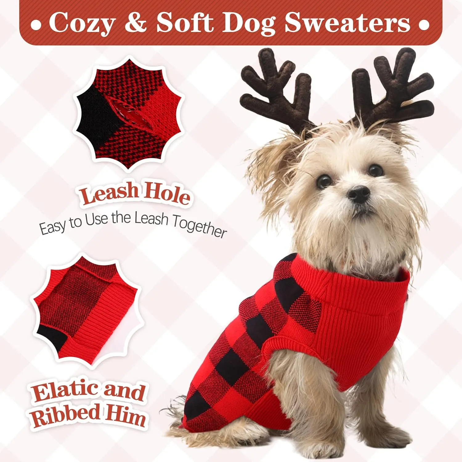 Kuoser Dog Sweater Pullover, Christmas Turtleneck Knitwear, Classic Plaid Cable Knitted Cold Weather Clothes for Small Medium Puppies