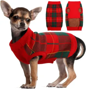 Kuoser Dog Sweater Pullover Knitwear, Christmas Sweaters Classic Plaid Cable Knitted Wear, Turtleneck Puppy Cold Weather Clothes for Small Medium Dogs