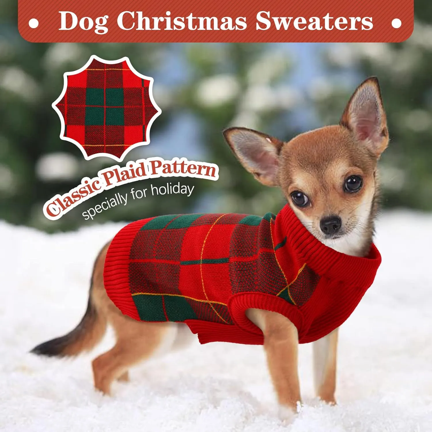 Kuoser Dog Sweater Pullover Knitwear, Christmas Sweaters Classic Plaid Cable Knitted Wear, Turtleneck Puppy Cold Weather Clothes for Small Medium Dogs