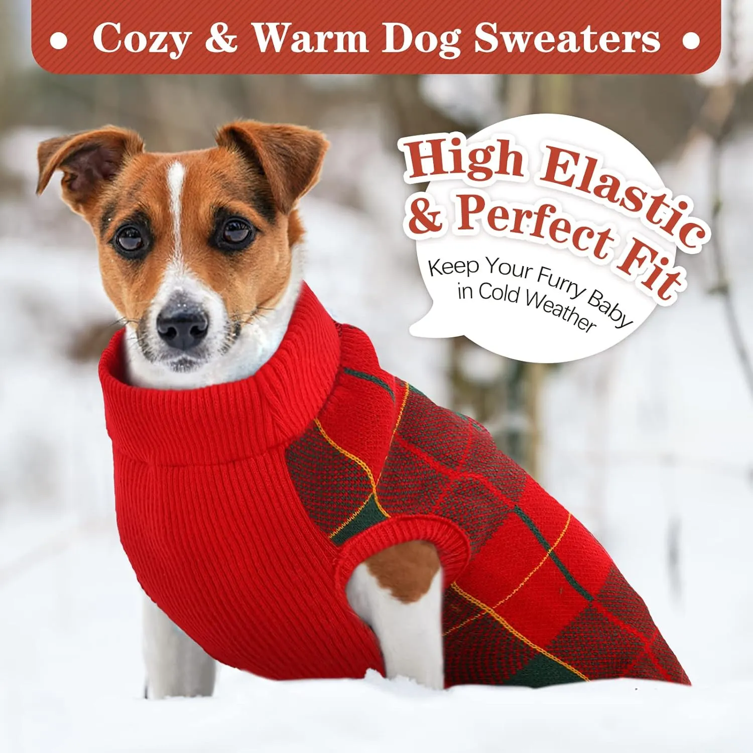 Kuoser Dog Sweater Pullover Knitwear, Christmas Sweaters Classic Plaid Cable Knitted Wear, Turtleneck Puppy Cold Weather Clothes for Small Medium Dogs
