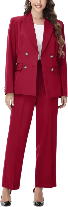Lamgool Women's 2 Piece Set Double Breasted Blazer and Pants Suit Business Outfits for Work Office