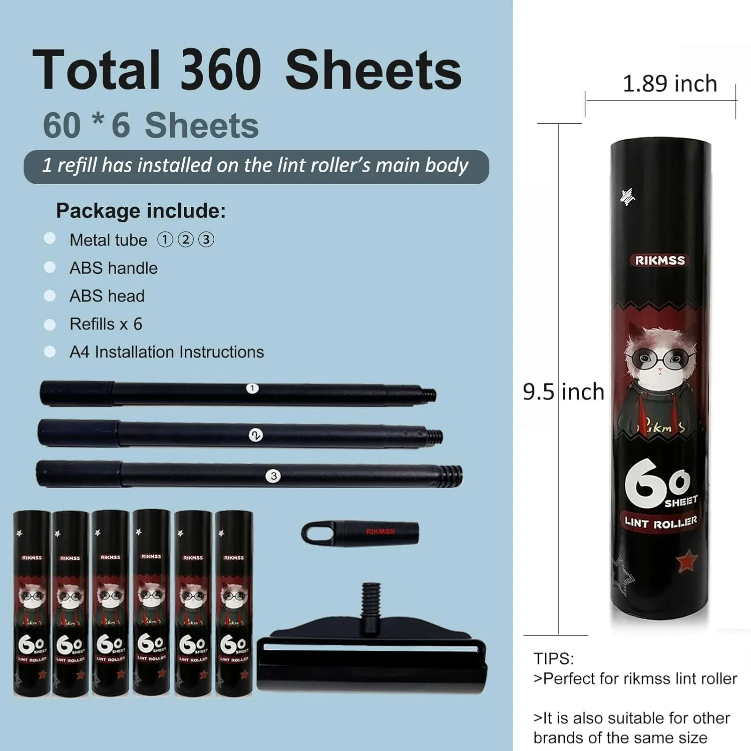 Large Lint Roller for Pet Hair Extra Sticky, 9.5" Wide Giant Carpet Floor Lint Roller with Long Handle, Large Surface Lint Remover with 5 Refills Total 360 Sheets