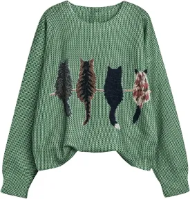MakeMeChic Women's Cat Embroidery Round Neck Sweater Long Sleeve Oversized Knitted Pullover Tops