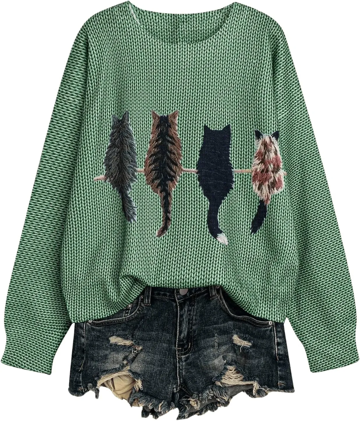 MakeMeChic Women's Cat Embroidery Round Neck Sweater Long Sleeve Oversized Knitted Pullover Tops
