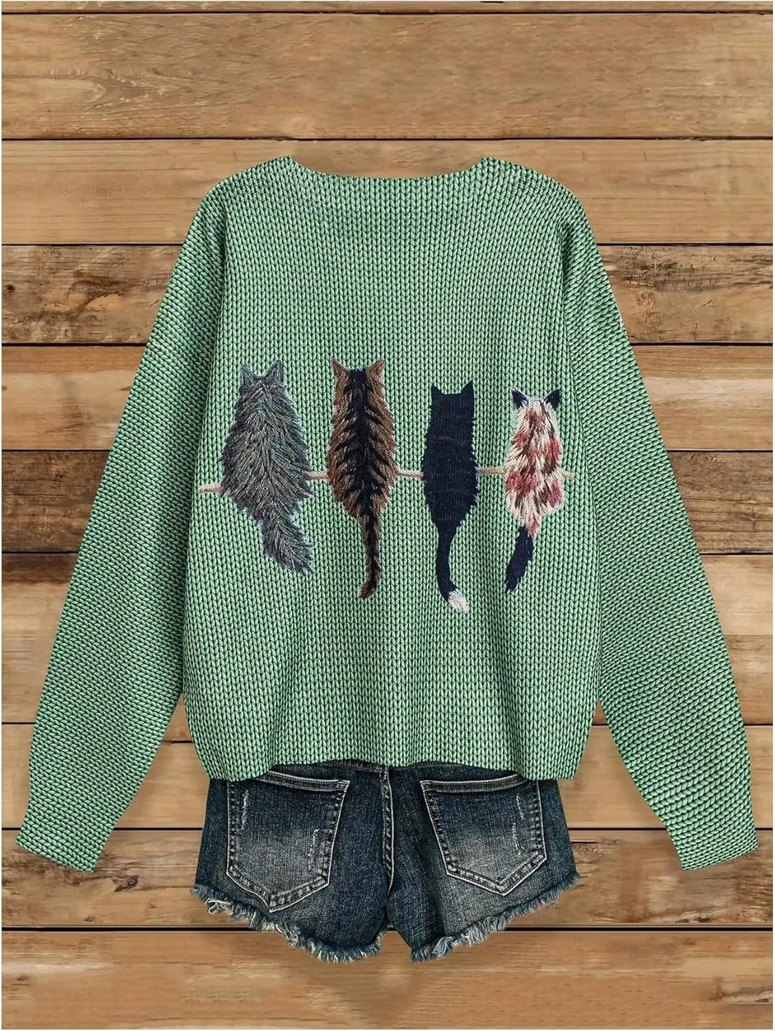 MakeMeChic Women's Cat Embroidery Round Neck Sweater Long Sleeve Oversized Knitted Pullover Tops