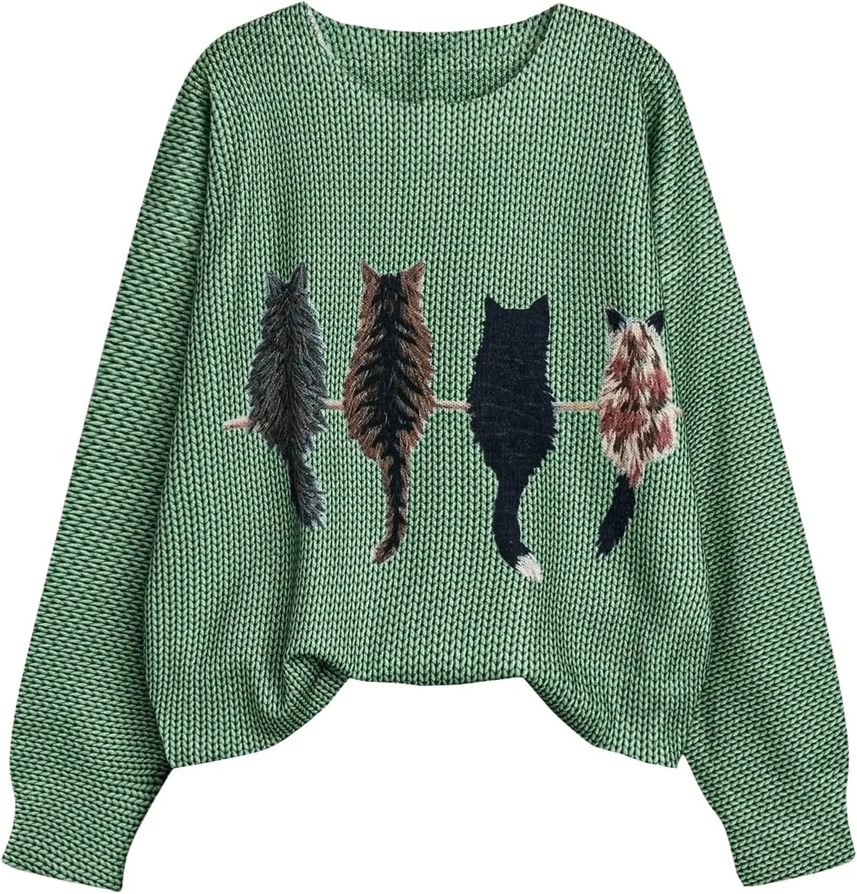 MakeMeChic Women's Cat Embroidery Round Neck Sweater Long Sleeve Oversized Knitted Pullover Tops
