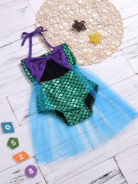 Metallic Mermaid Style Halter Neck Bow Mesh Baby Dress