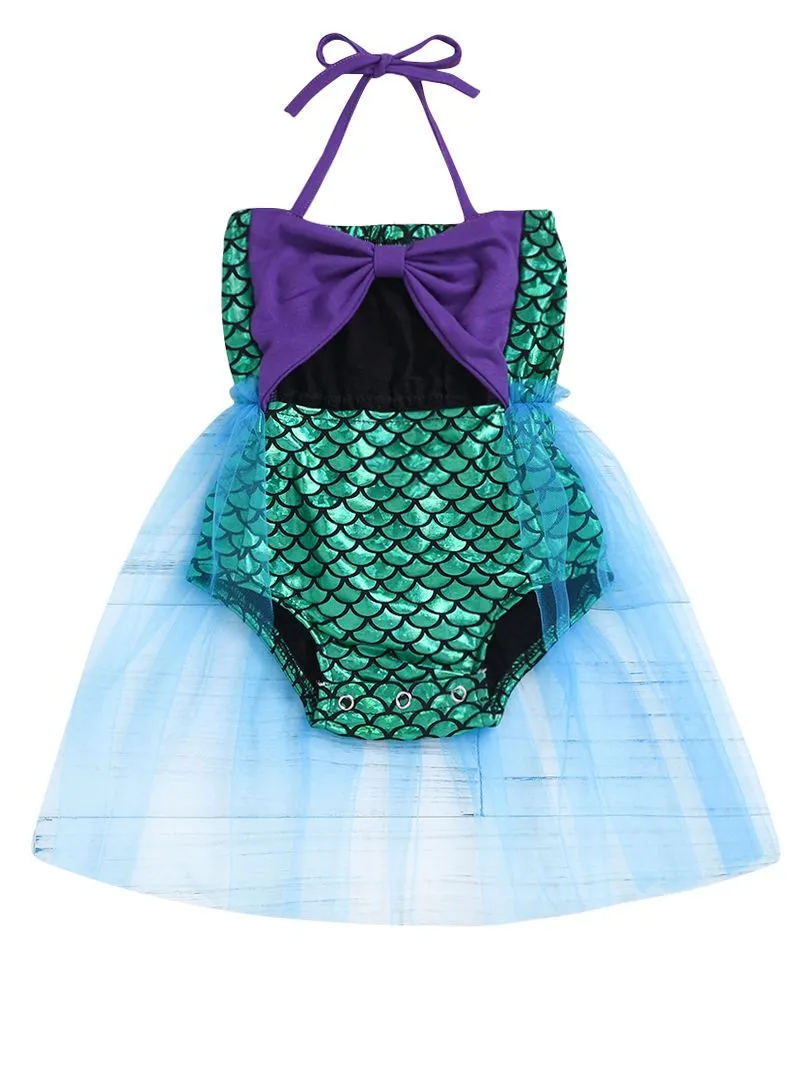 Metallic Mermaid Style Halter Neck Bow Mesh Baby Dress