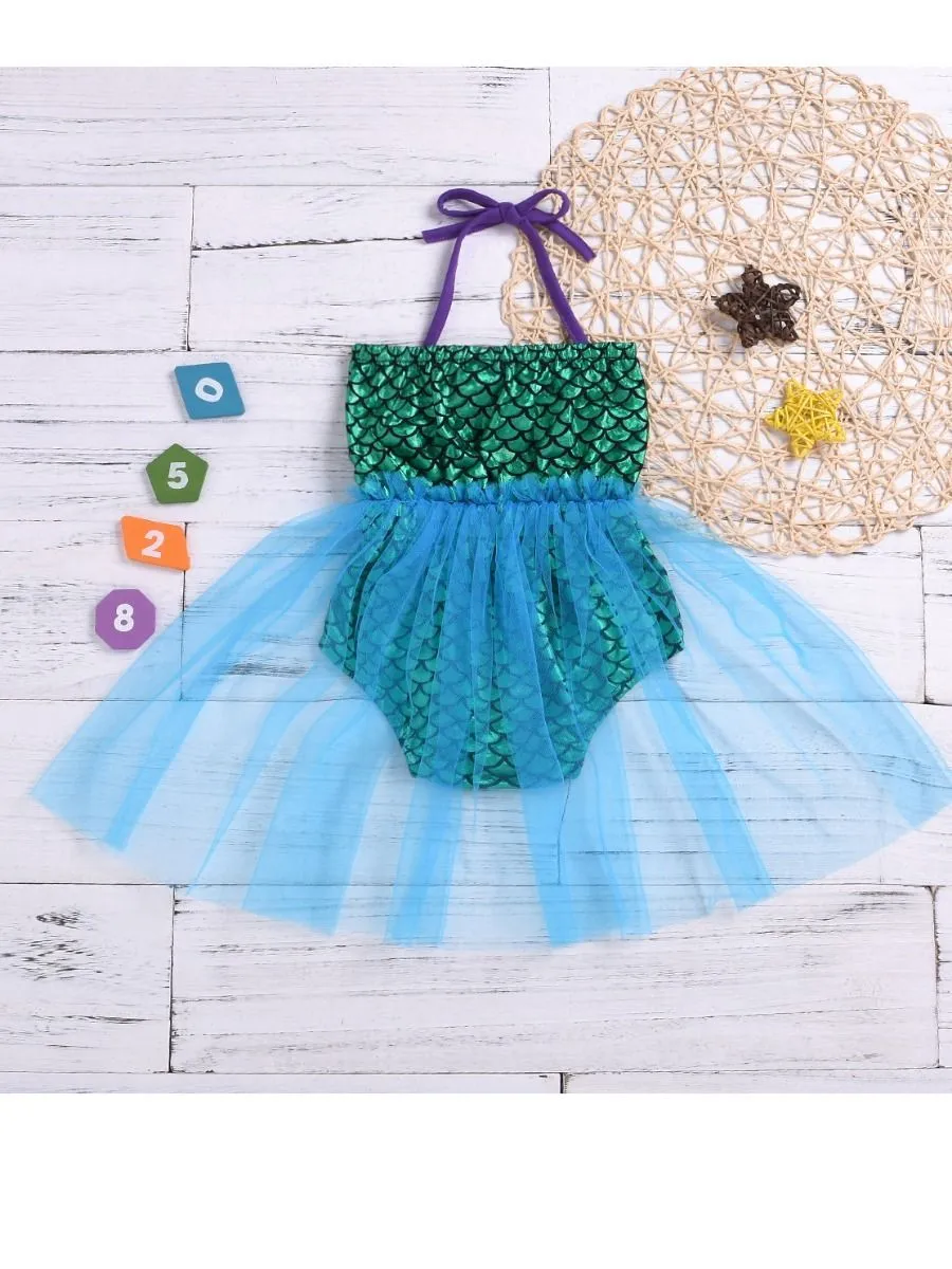 Metallic Mermaid Style Halter Neck Bow Mesh Baby Dress