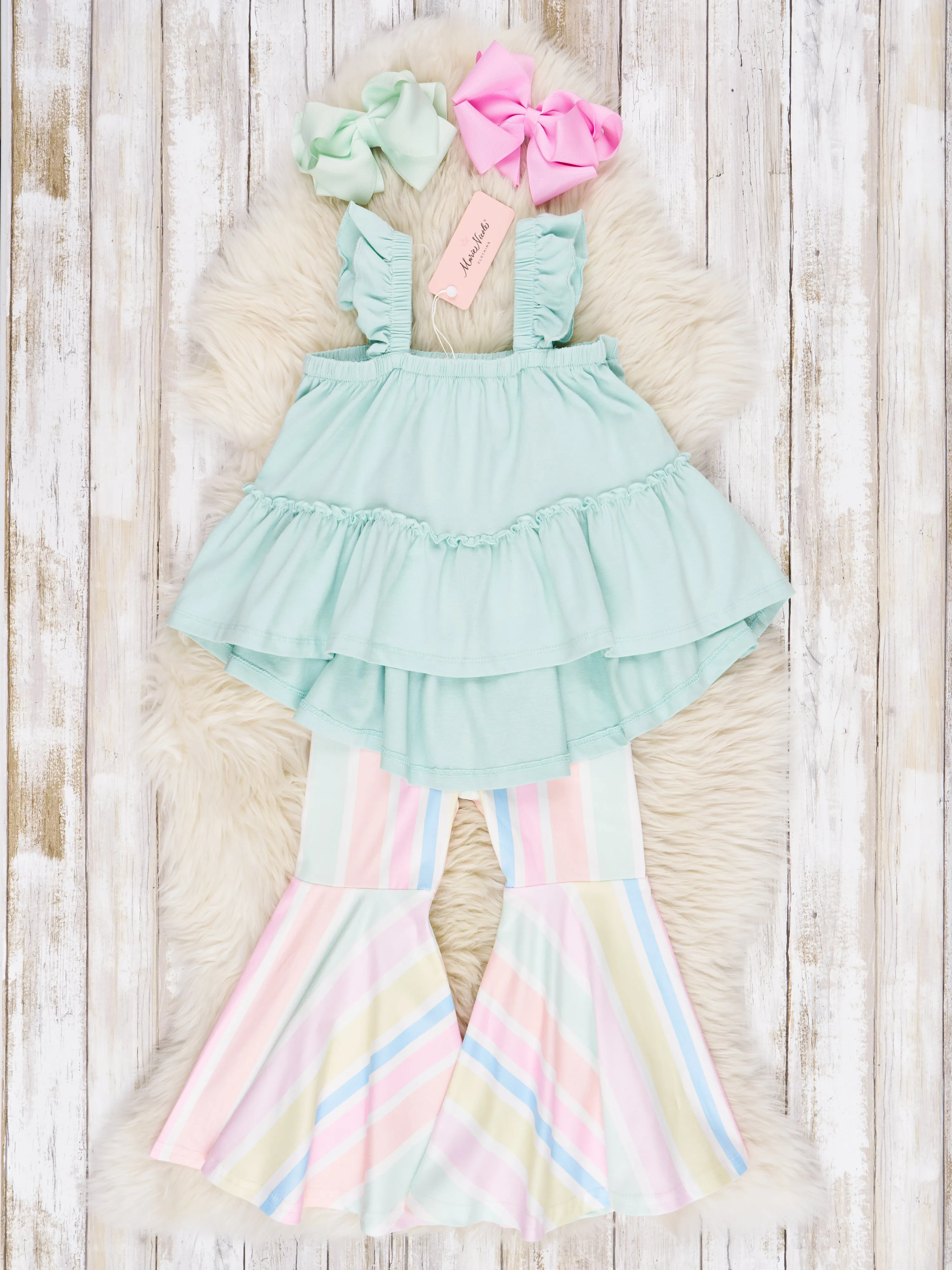 Mint Tiered Ruffle Tank & Bell Bottoms Outfit