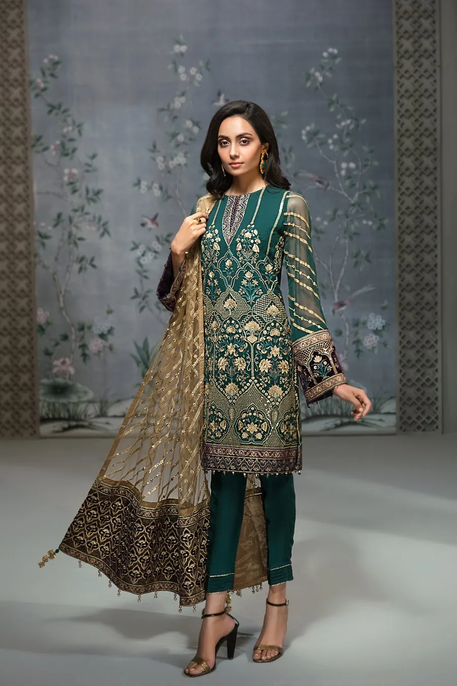 Pakistan Designer Chiffon Dress in Dark Green #J4353