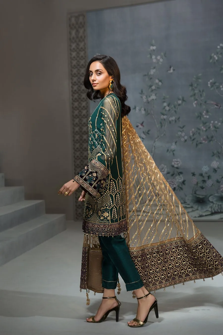 Pakistan Designer Chiffon Dress in Dark Green #J4353