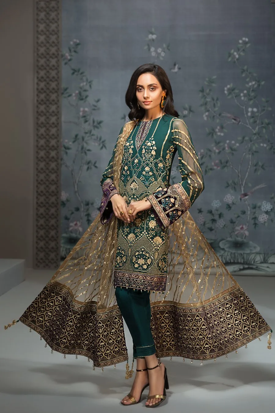 Pakistan Designer Chiffon Dress in Dark Green #J4353