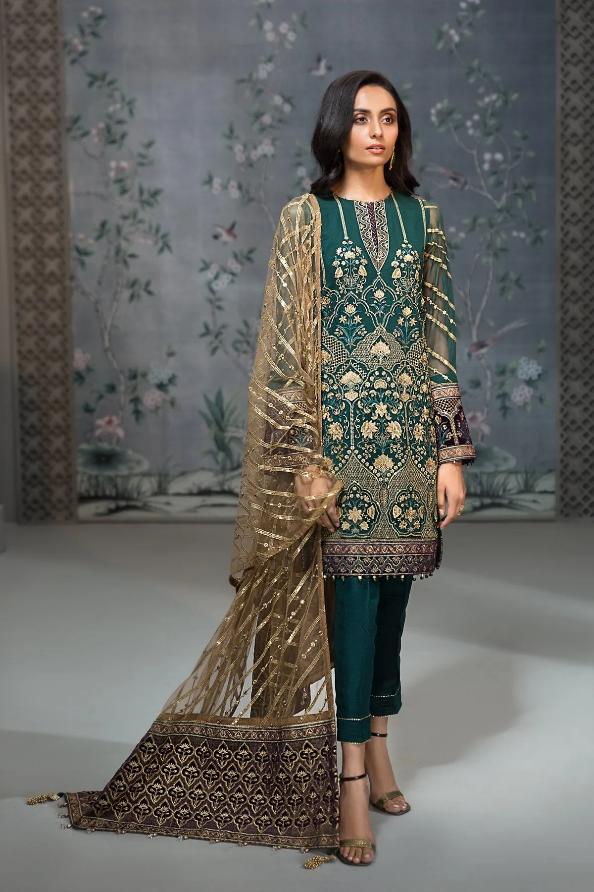Pakistan Designer Chiffon Dress in Dark Green #J4353