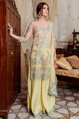 Pakistani chiffon embroidered party dress in lavish yellow color # P2446
