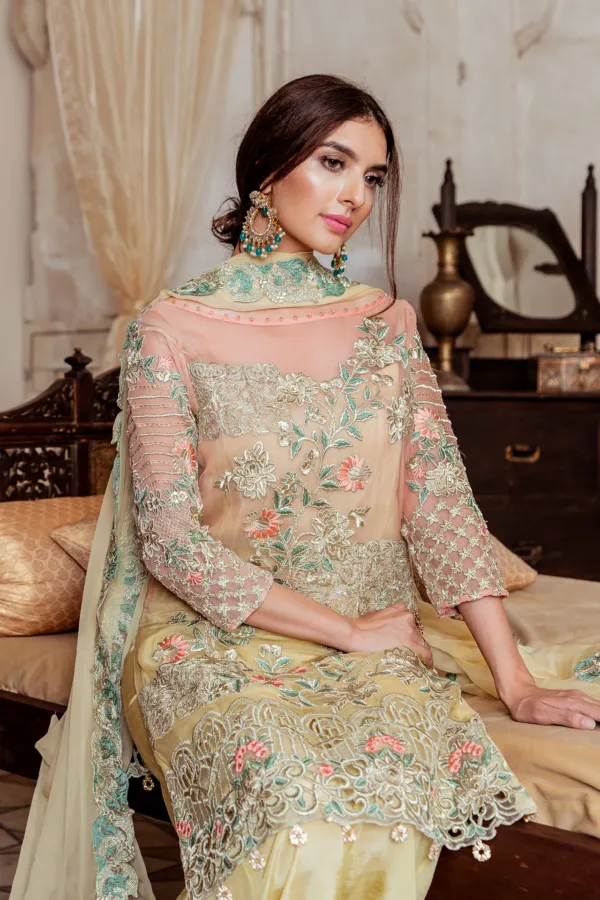 Pakistani chiffon embroidered party dress in lavish yellow color # P2446