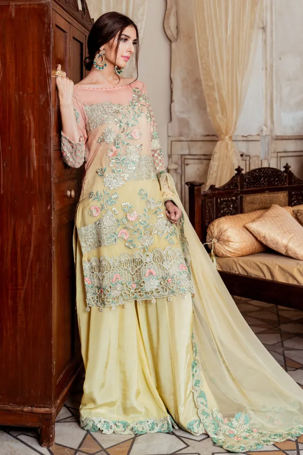Pakistani chiffon embroidered party dress in lavish yellow color # P2446
