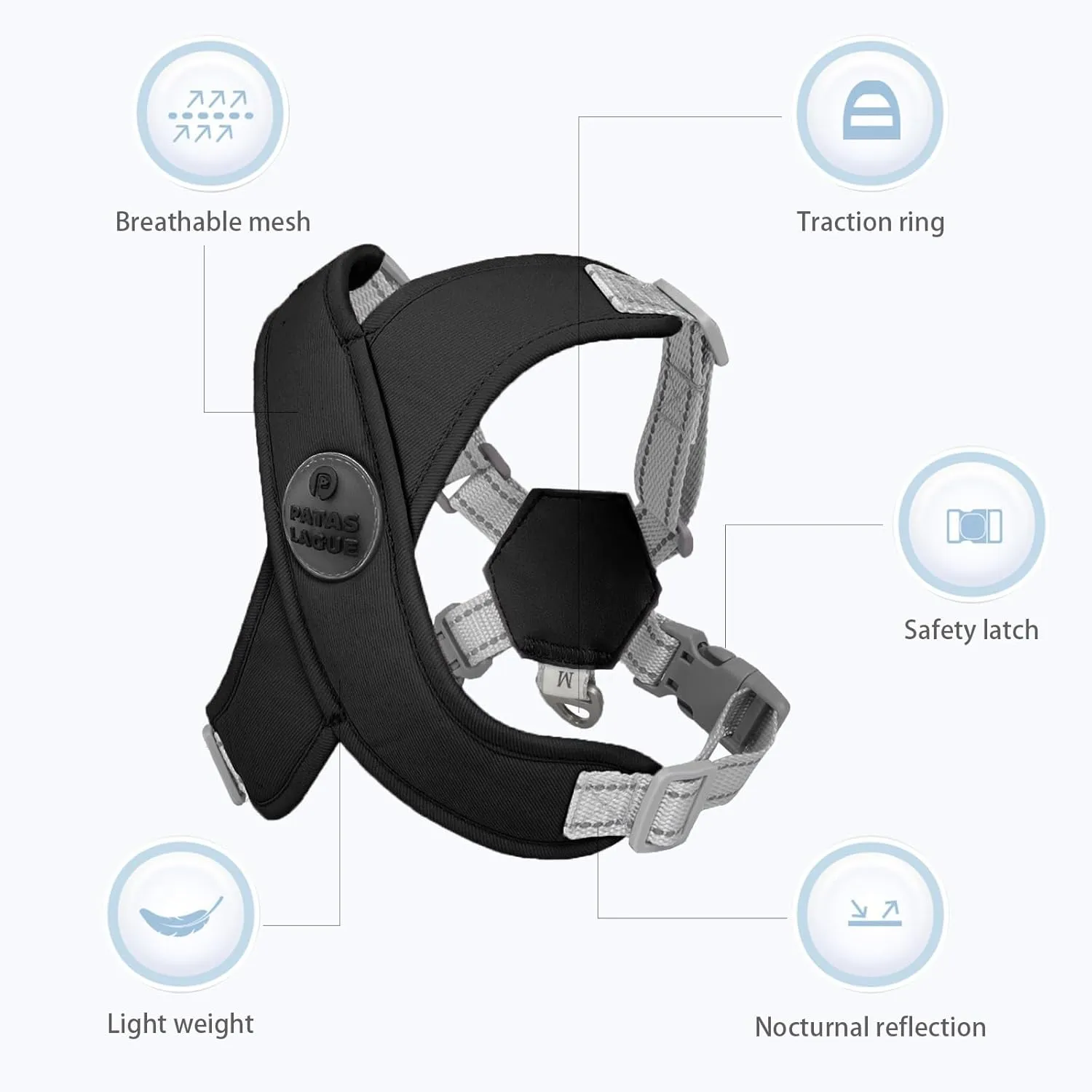 Patas Lague Dog Harness with Leash Set Adjustable Soft Padded Step-in Dog Vest No Choke No Pull Reflective for Medium Pets with Poop Bags and Dispenser, Solid and No-chew, Black L