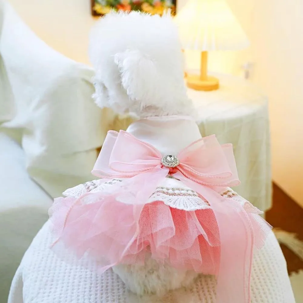 Pink Bow Tie Dog Dress for Small Dogs Girl Puppy Clothes with D-Ring Holiday Cat Harness Dresses Pet Party Outfit for Wedding Birthday Engagement Valentines (Pink Bow, Medium)