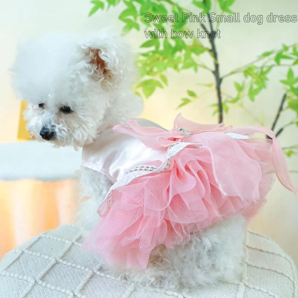 Pink Bow Tie Dog Dress for Small Dogs Girl Puppy Clothes with D-Ring Holiday Cat Harness Dresses Pet Party Outfit for Wedding Birthday Engagement Valentines (Pink Bow, Medium)