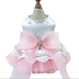 Pink Bow Tie Dog Dress for Small Dogs Girl Puppy Clothes with D-Ring Holiday Cat Harness Dresses Pet Party Outfit for Wedding Birthday Engagement Valentines (Pink Bow, Medium)