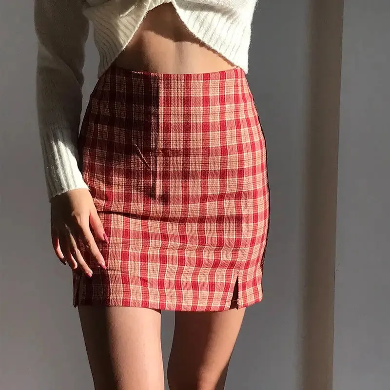 Plaid Double Slits Short Skirt