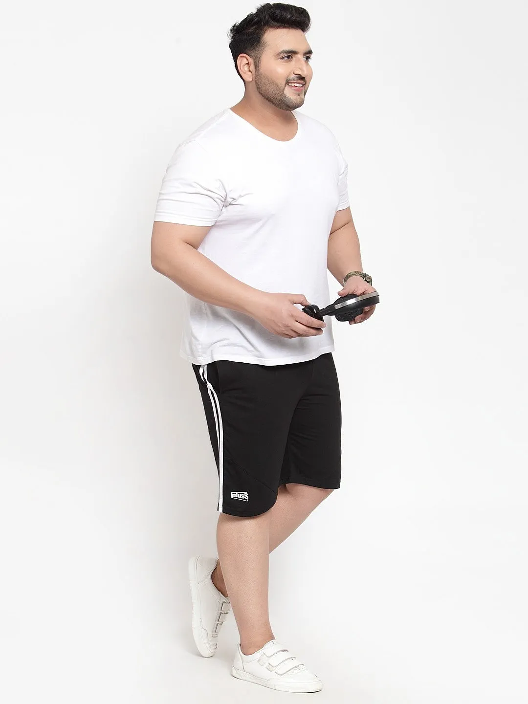 plusS Men Black Solid Regular Fit Sports Shorts