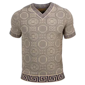 Prestige beige and blue men's v-neck t-shirts greek key trim around the Collar and Sleeves