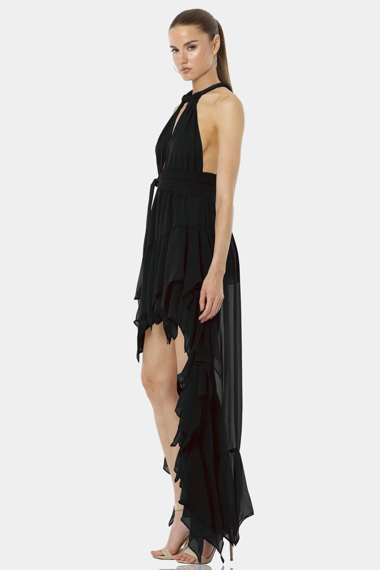 Psarou Black High Low Ruffle Maxi Dress