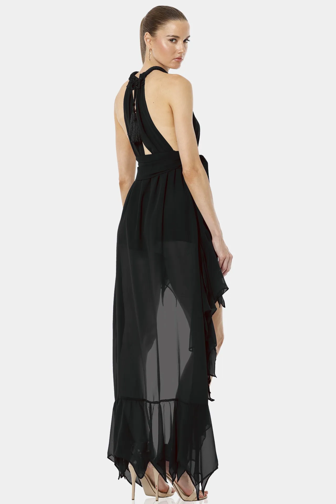 Psarou Black High Low Ruffle Maxi Dress