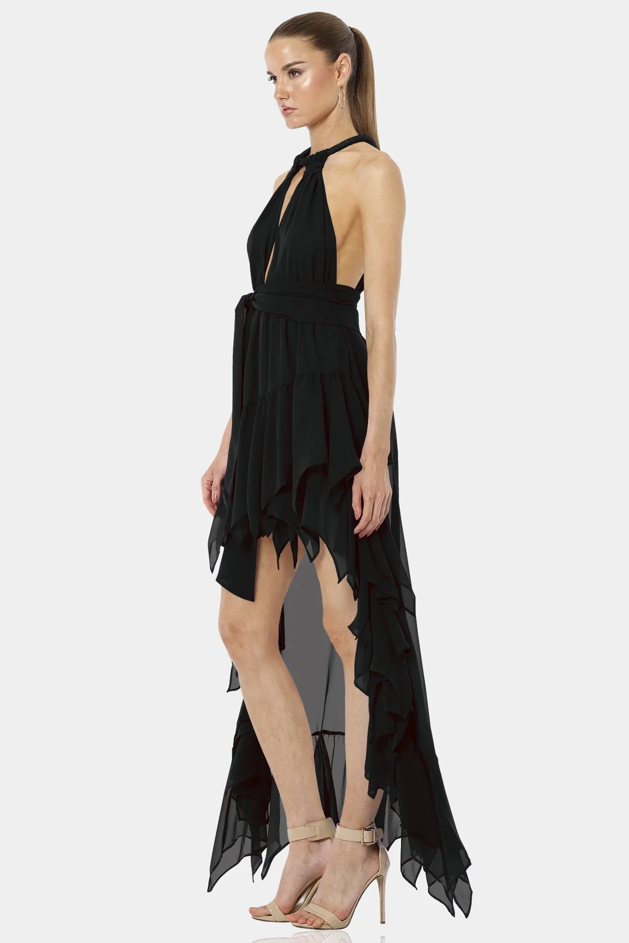 Psarou Black High Low Ruffle Maxi Dress