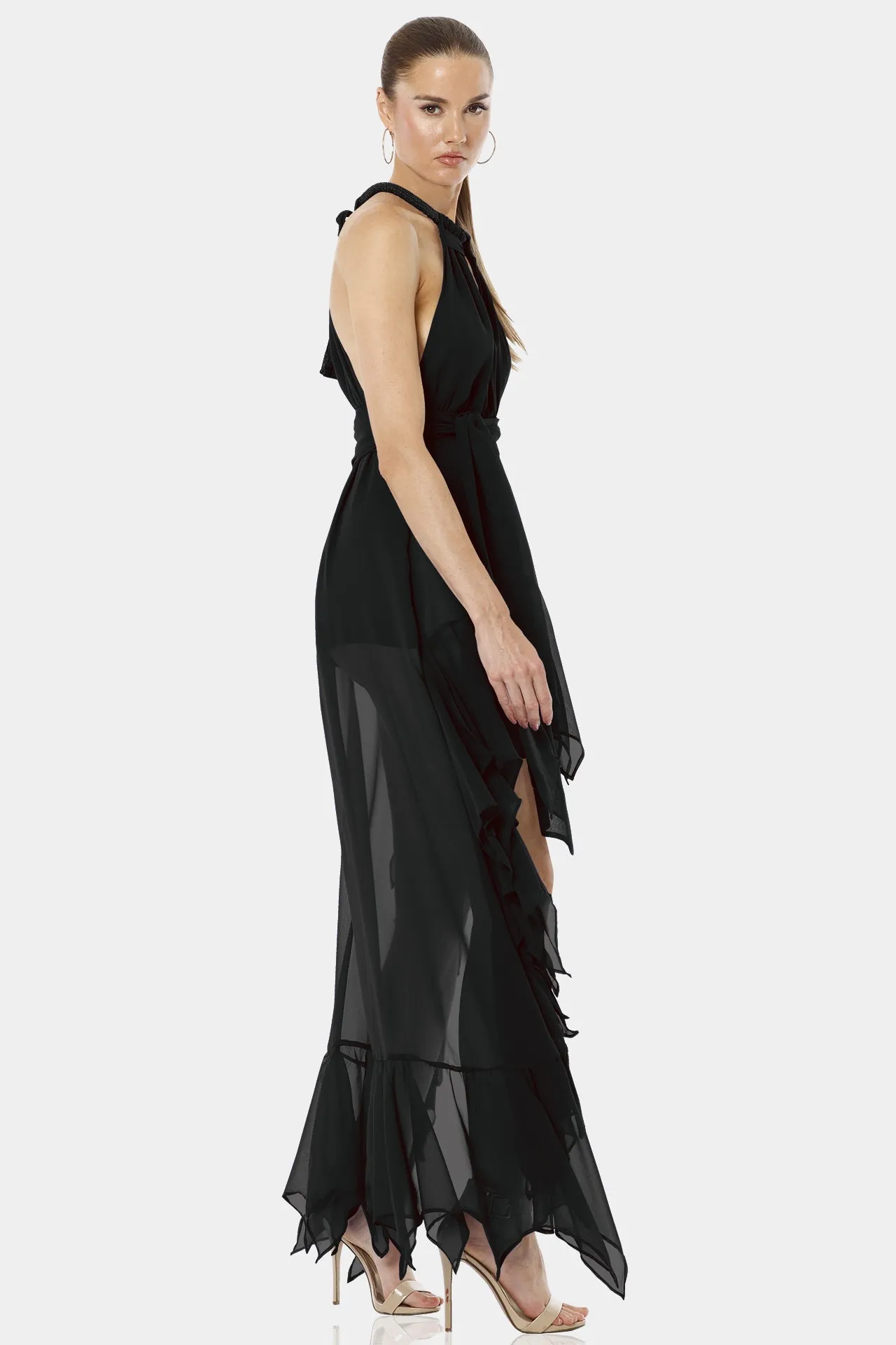 Psarou Black High Low Ruffle Maxi Dress