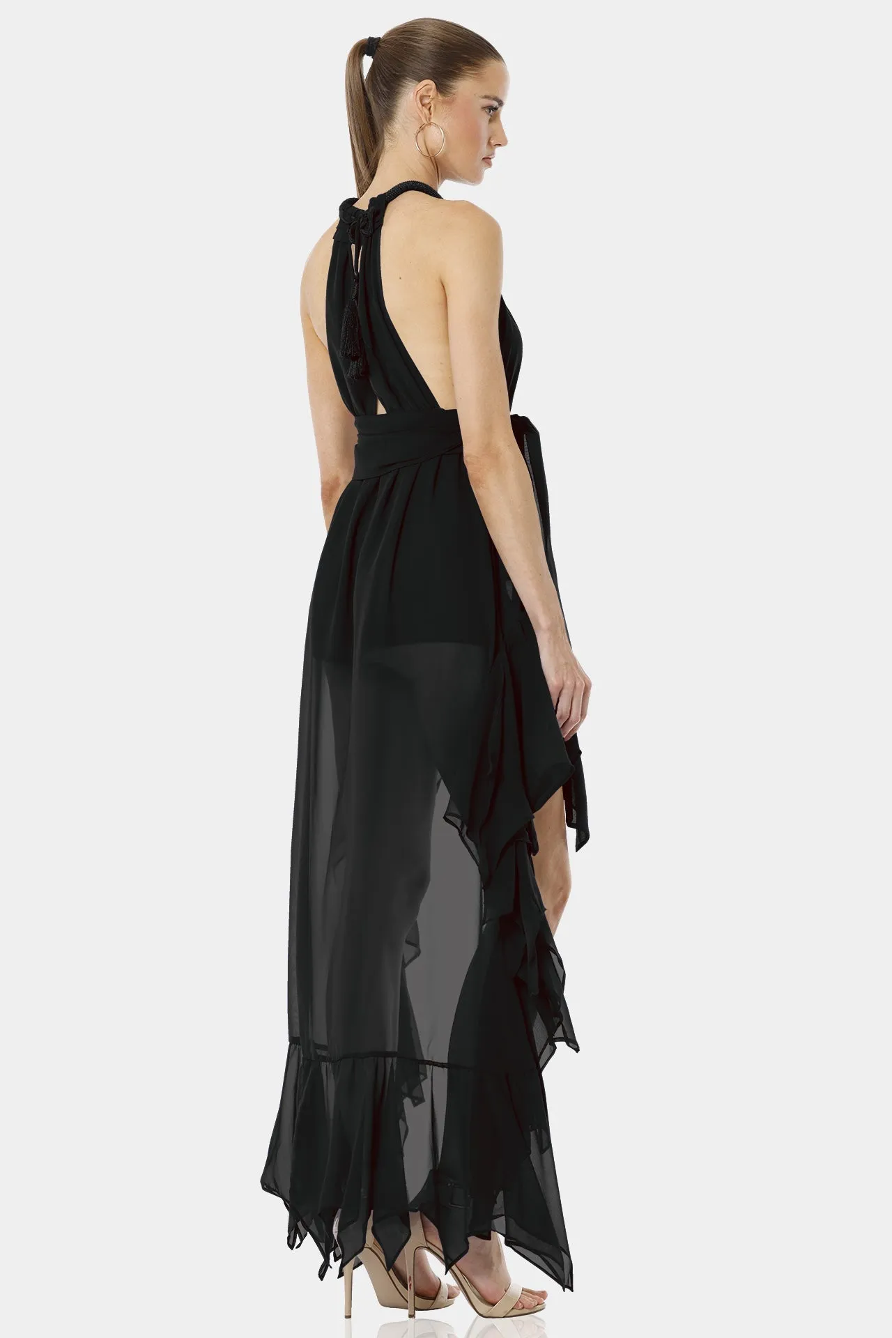 Psarou Black High Low Ruffle Maxi Dress