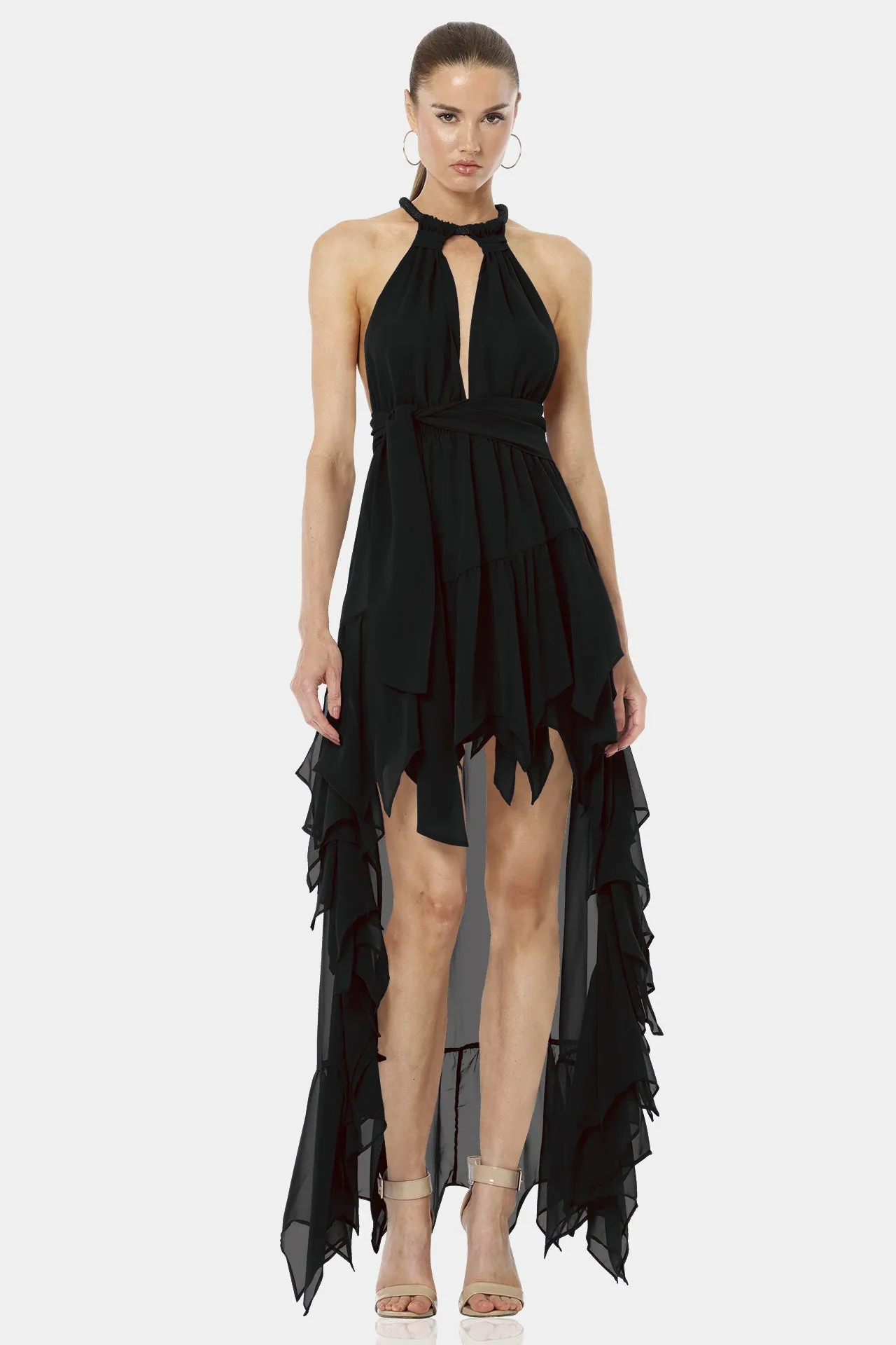 Psarou Black High Low Ruffle Maxi Dress
